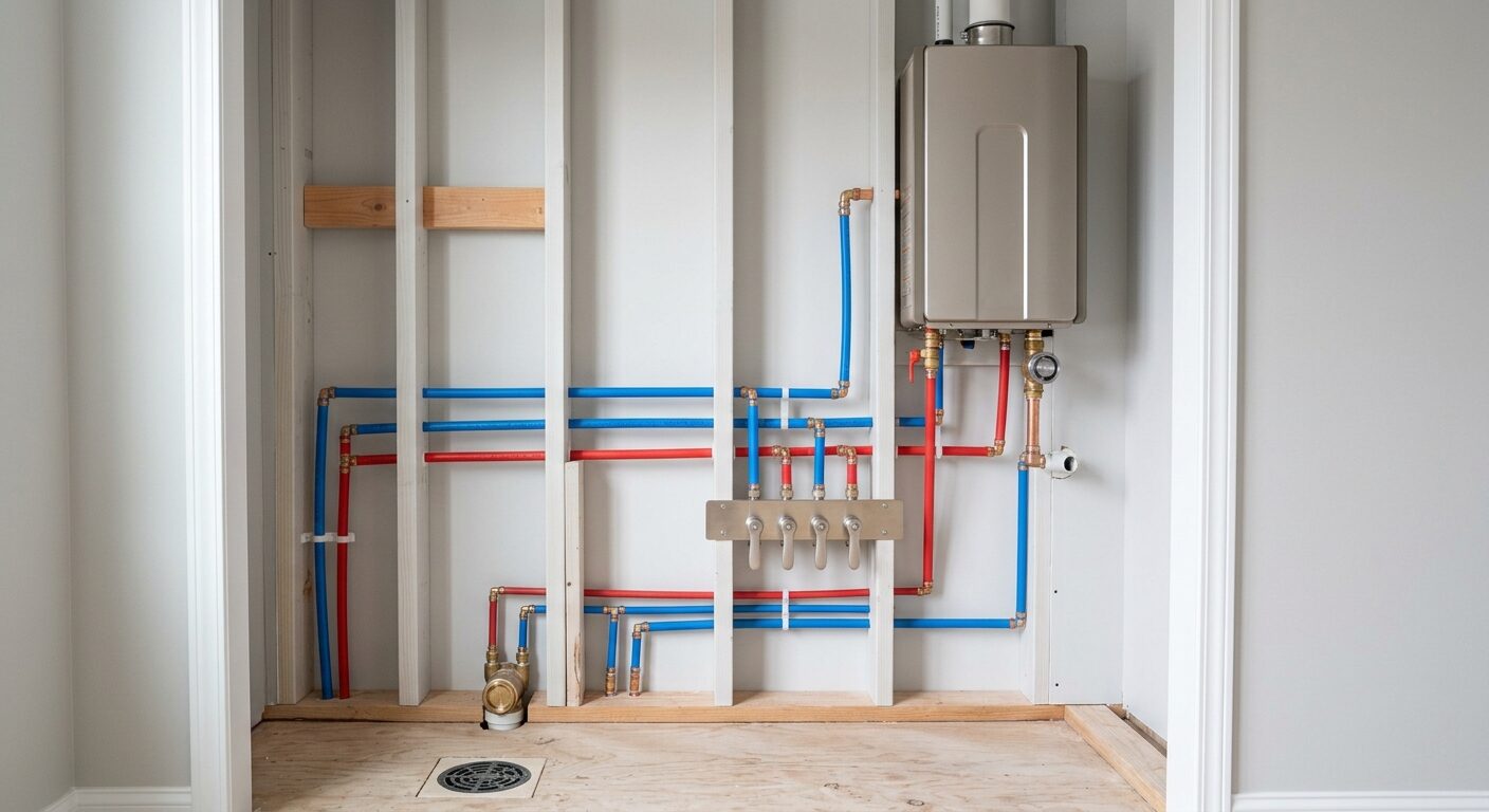 Red and blue PEX water lines connected to a new repipe manifold